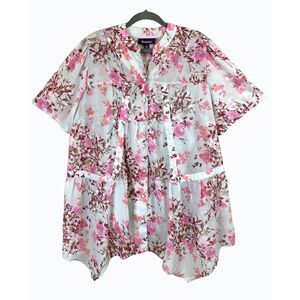 New Roaman's 2 Pcs Tunic Blouse Set Sz 20 Pearl Grey Blooming Rose Button Front